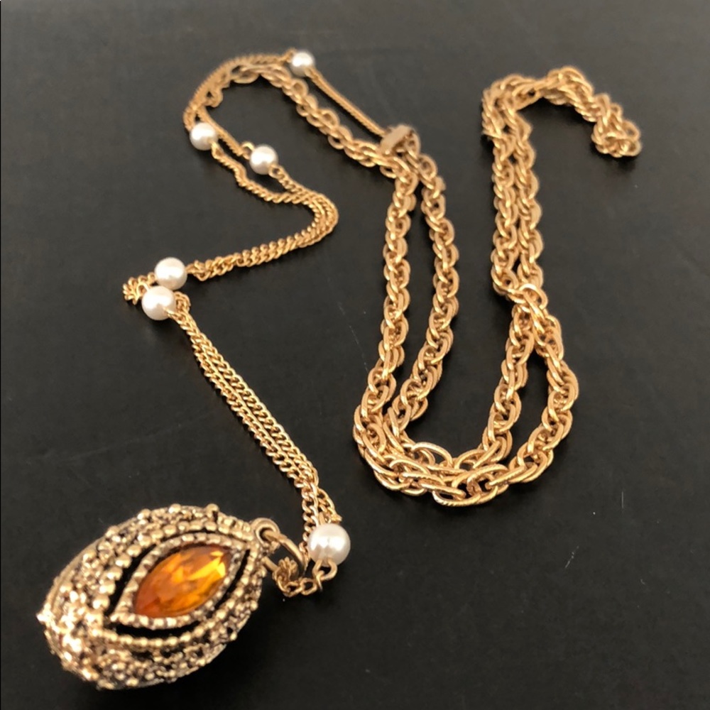 VINTAGE AMBER MARQUIS PENDANT W/PEARLS - Picture 2 of 15
